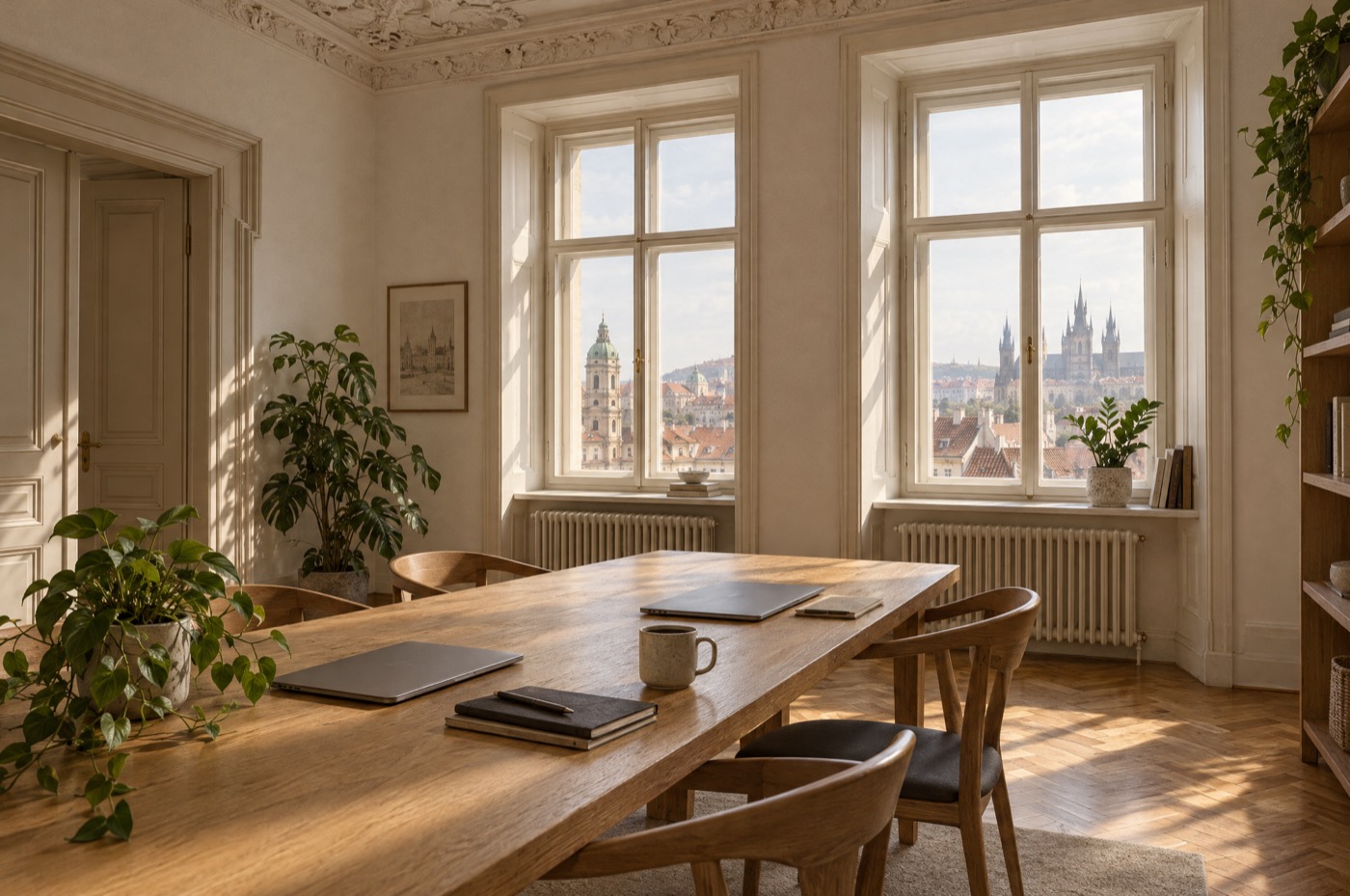 A bright office with tall windows overlooking the rooftops of Prague