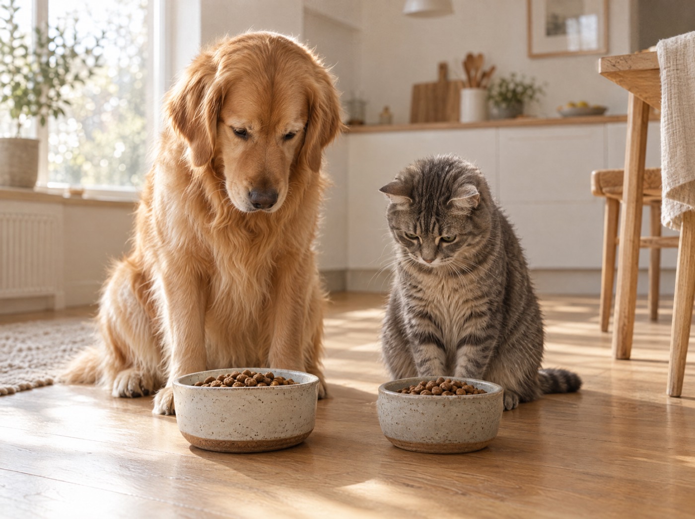 A golden retriever and a tabby cat waiting by bowls of dry food in a sunlit kitchen