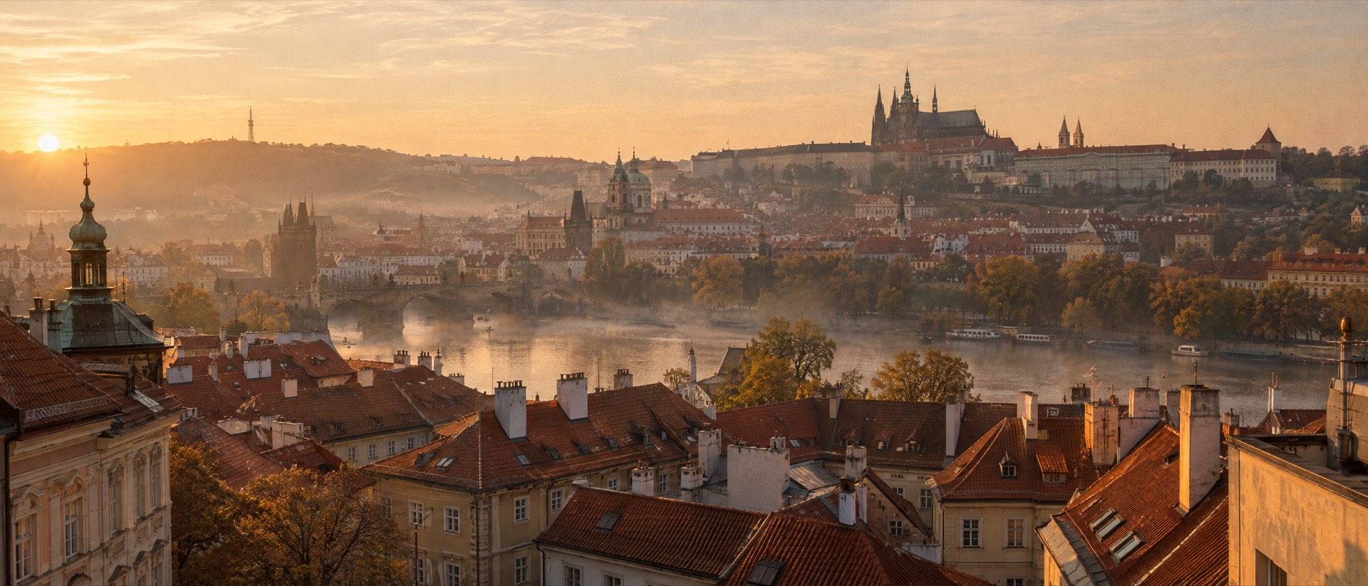 Morning mist over the Vltava and the rooftops of Prague, with Prague Castle on the hill