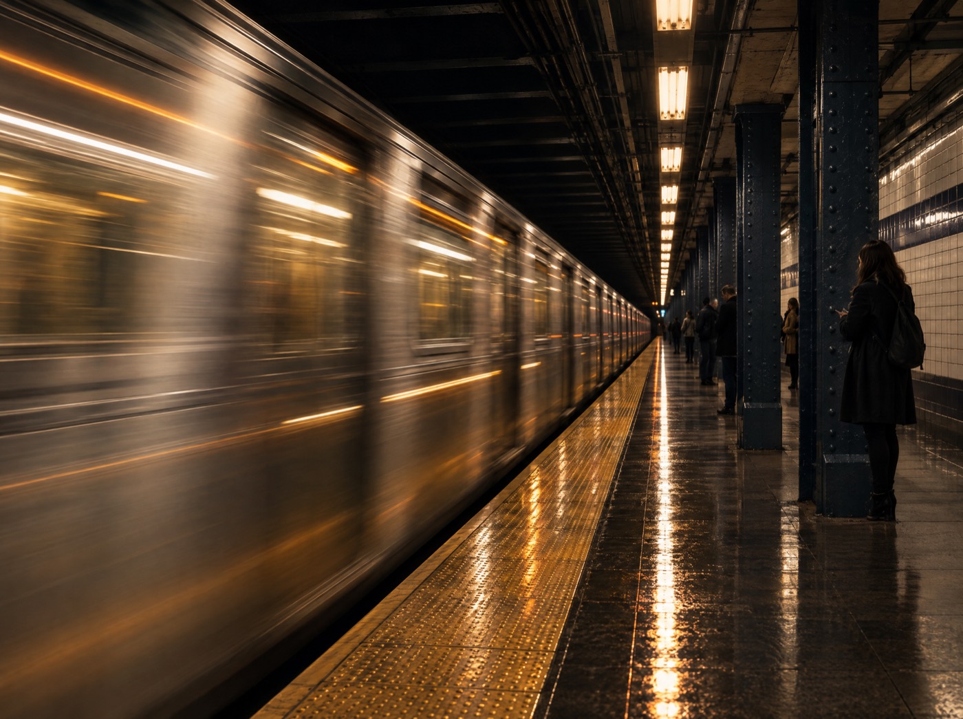 A New York subway train speeding past a platform at night